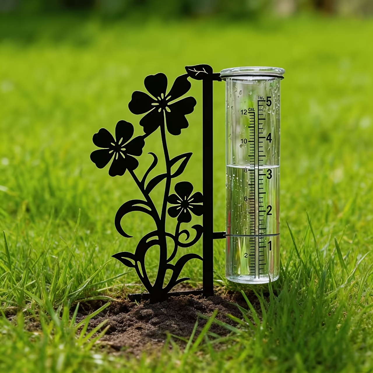 TEMU Creative Metal Flower Rain Gauge With Large Easy-to-read Numbers, Plastic Cup Collector For Garden Yard Patio Lawn Outdoor Use