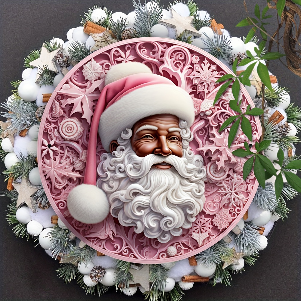 

Charming 8" Round Metal Tin Sign - Black Santa & Christmas Wreath Design, Perfect Gift For Home, Cafe, Restaurant, Bar Decor | Indoor/outdoor Wall Art