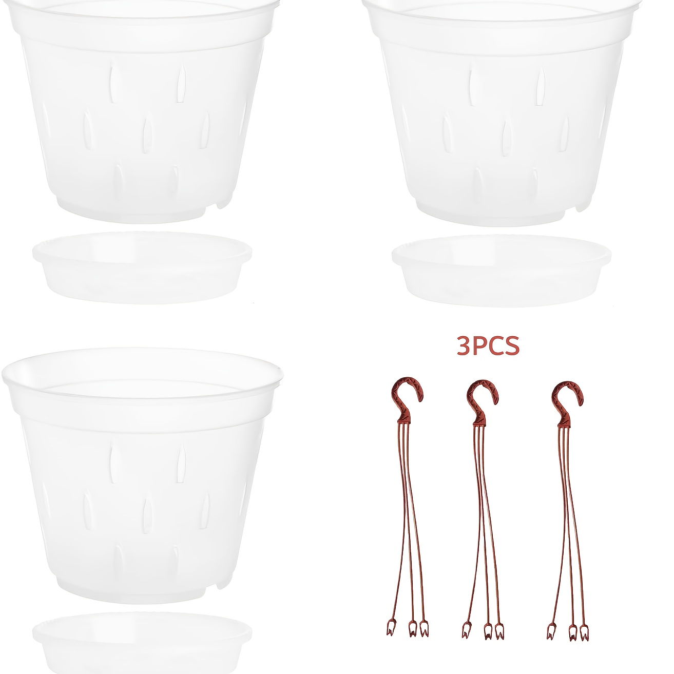 Image of Set Of 3 Orchid Containers With 3 Matching Saucers And 3 Hanging Hooks For Indoor Or Outdoor Floral Arrangements And Party Decor