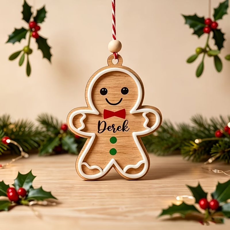 TEMU 1pc Personalized Gingerbread Man Ornament With Red Bow, Customizable Name, Ideal For Enhancing Festive Atmosphere During Christmas, For Tree