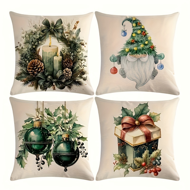 

Festive 4pcs Christmas Throw Pillow Covers Set - Wreath & Gift Design, Round Candle Motif, Zippered, Machine Washable, Polyester - Living Room, Bedroom, Sofa - No Insert Included