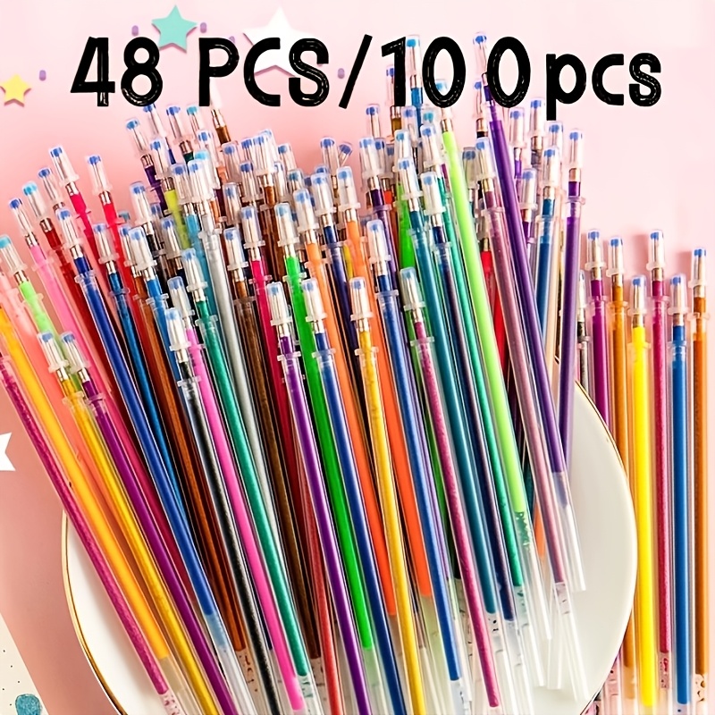 

48/100pcs Gel Pens With Metallic Glitter, Neon Colors - Medium Point, Ideal For Sketching & School Supplies