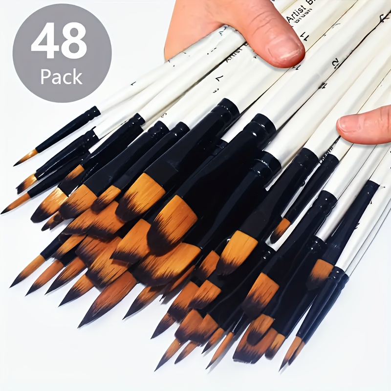 

48pcs Artist Paint Brush Set With Premium Wooden Handles And Nylon Bristles - Round, , Flat, Angle Shapes For Acrylic, Oil, Gouache & Watercolor Painting - Collection