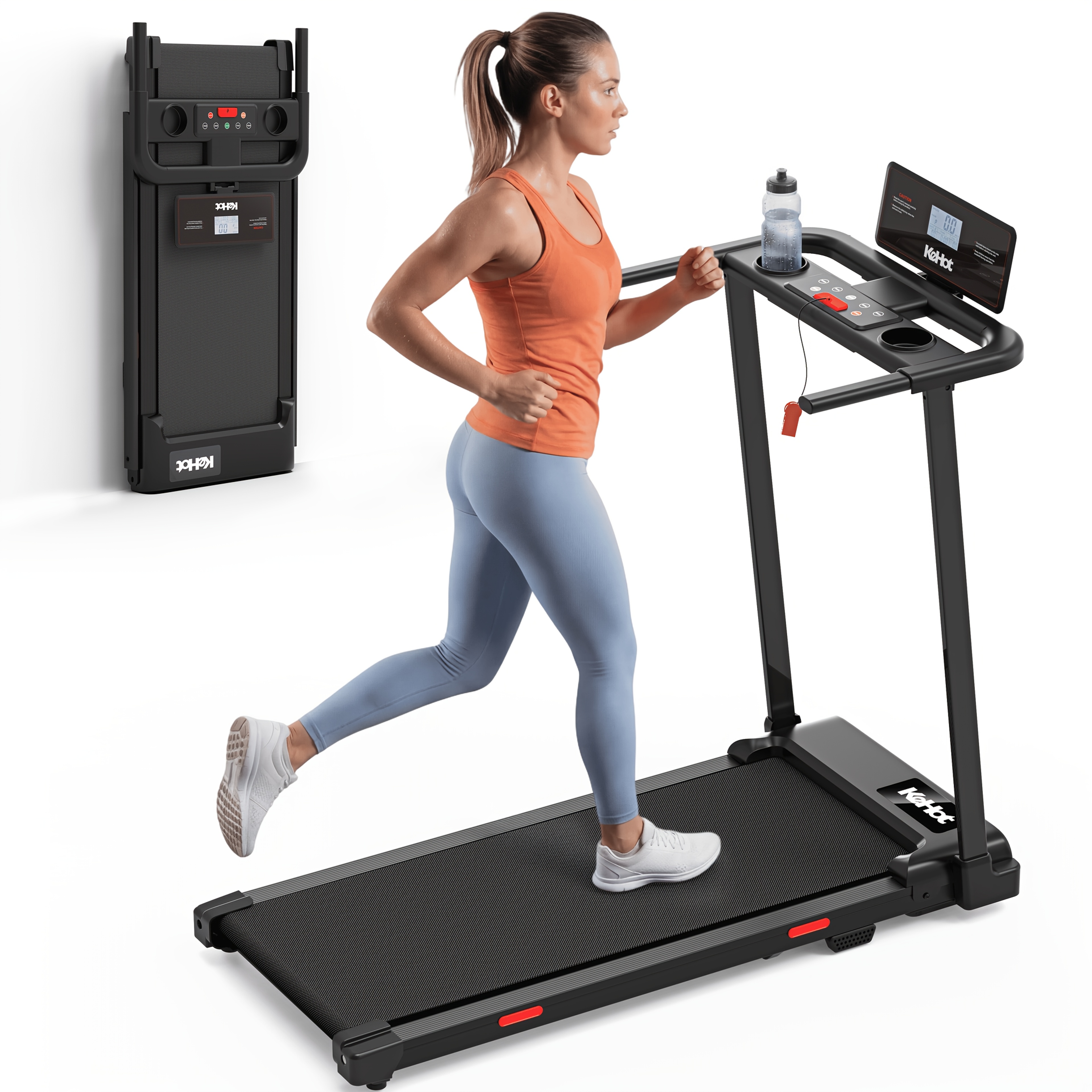 Kehot Folding Treadmill With Handrails, 2.0hp Motor, 3.5-inch Lcd Display, 12 Programs, Silent And Space-, For Home, Apartment, Elderly And Beginners, 1-10km/h, Without Battery