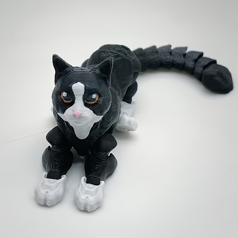 3d Printed Black And White Cat Statue, Children's Toy, Decorative Ornament With Multi-jointed Hinges
