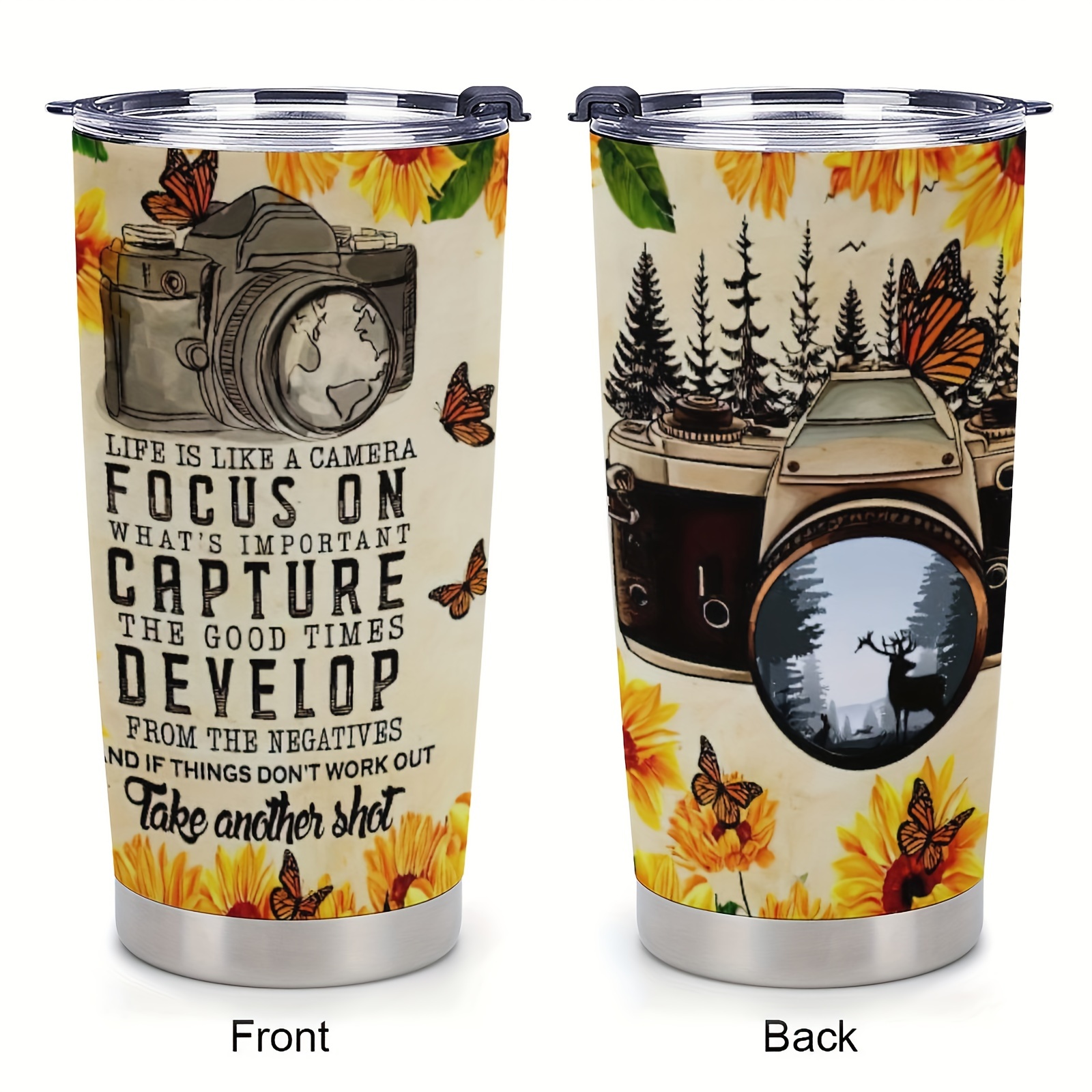 

1pc 20oz Vintage Photographer Gift Tumbler With Lid, Life Is Like A Camera Mug With Inspirational Quote Stainless Steel Coffee Cup For Photographers Monarch Butterfly Sunflower Car Cups
