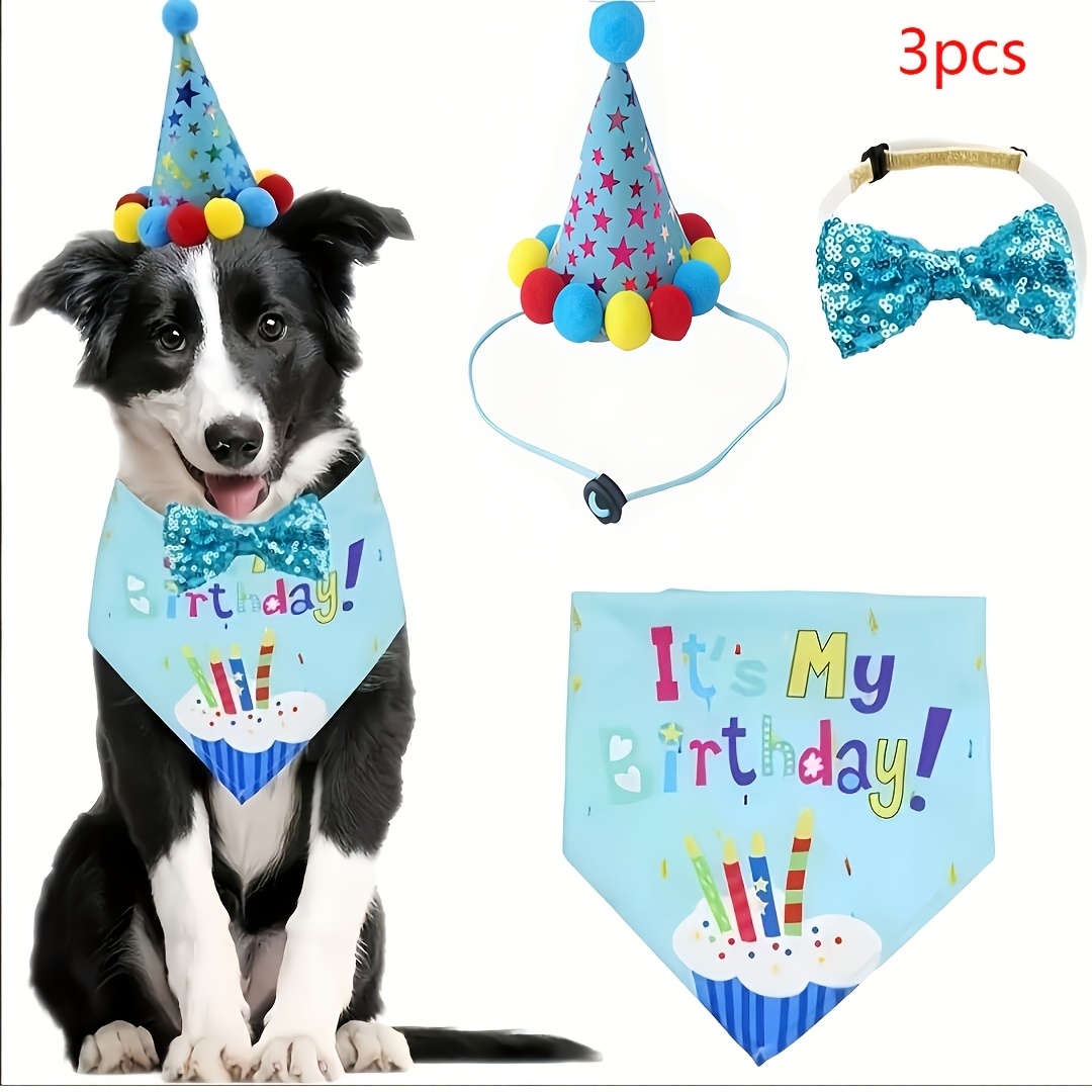TEMU Chapeau d'anniversaire pour chien 3 pièces/2 pièces/1 pièce, décorations d'anniversaire pour chien, bandeau d'anniversaire pour chien,