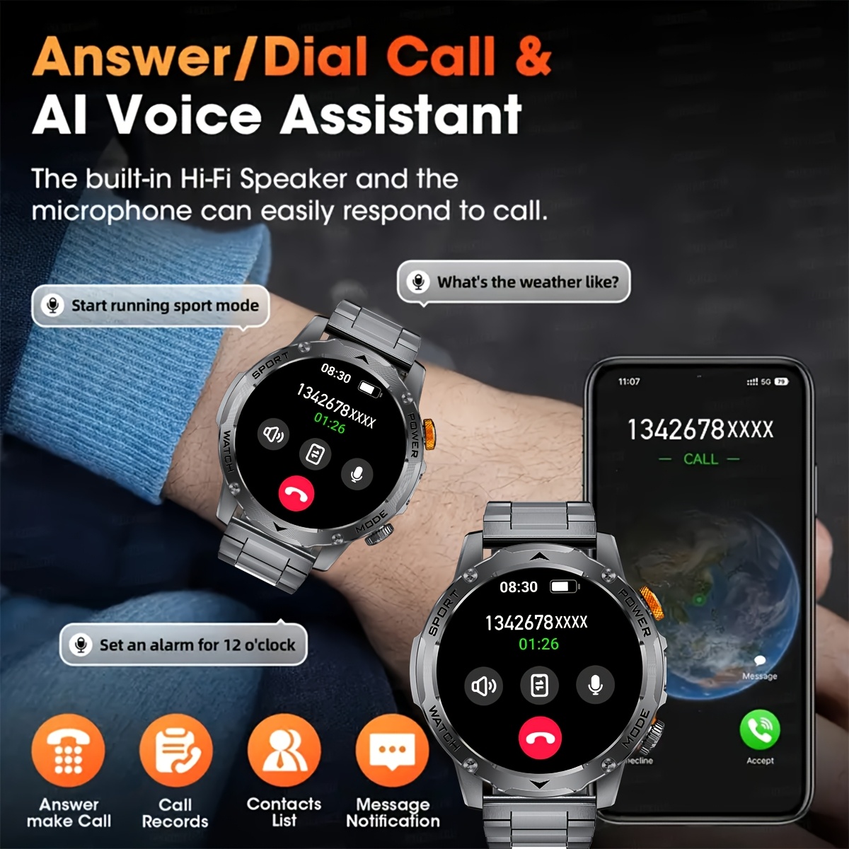 Montre Connectée Homme SIEMORL avec Plus de 50+ Jours d'Autonomie Ultra Longue Durée, Montre Intelligente HD de 4,45 cm avec Batterie de 1000 MAh/Fonction Téléphone/Plus de 110 Modes Sportifs/Surveillance du Sommeil, Montre Connectée Android IPhone Pédomètre 3 s Combinés avec Lampe de Poche