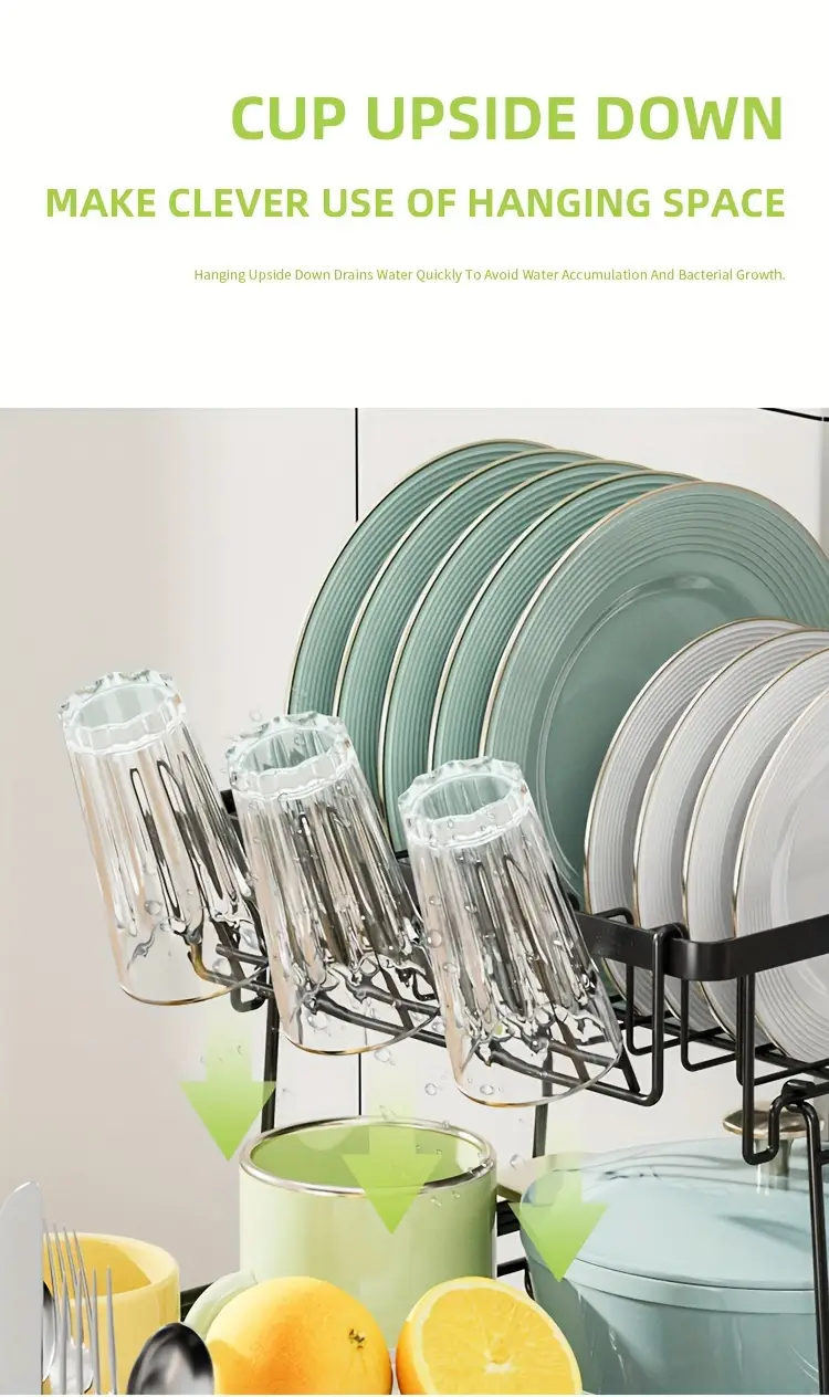 2 tier dish drying rack with drain tray and swivel drip spout multifunctional kitchen countertop storage organizer metal and plastic cup holder and cutlery holder space saving plate rack for home and apartment use 1pc Product details 6