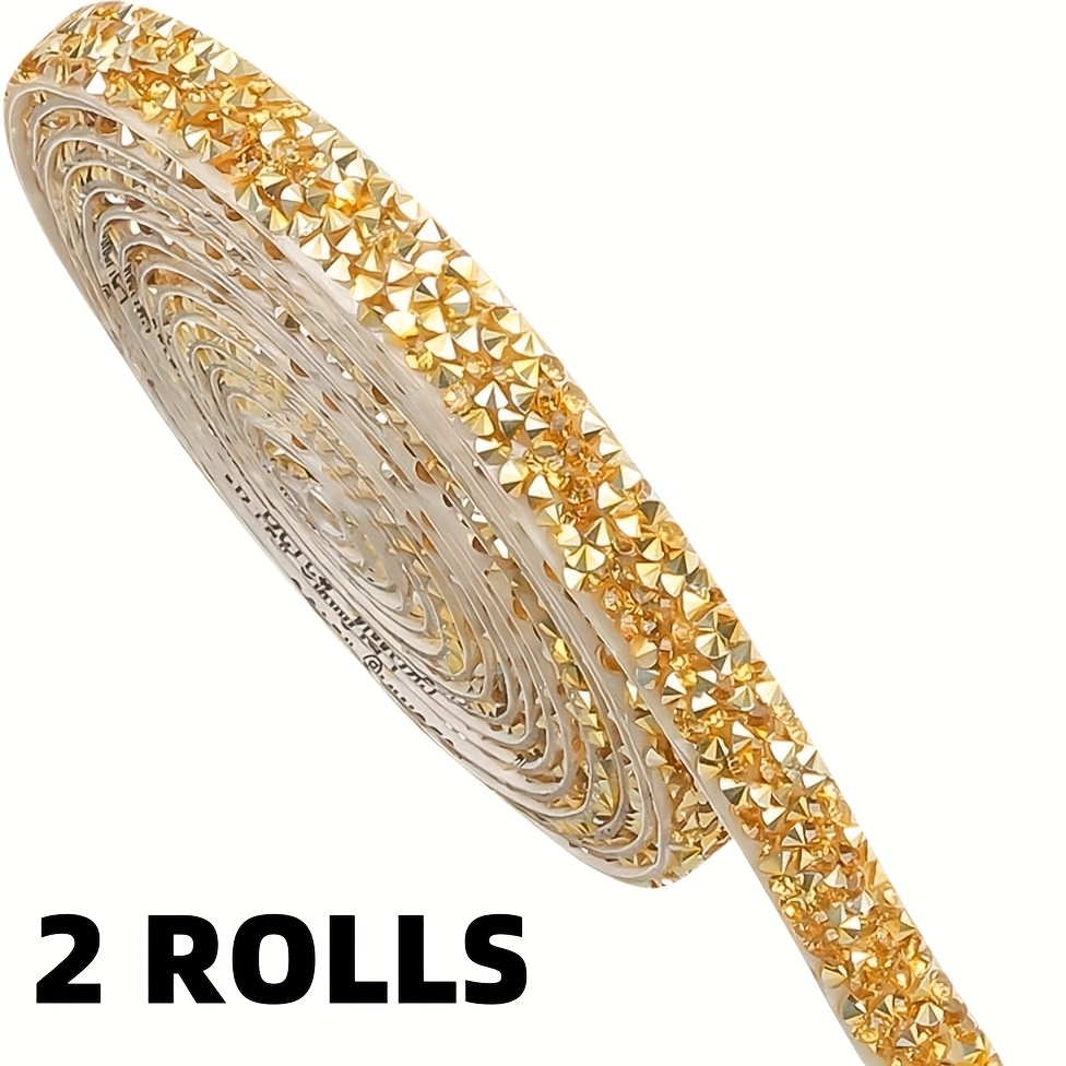 TEMU 2 Rolls Of Rhinestone Ribbon 72 Inches Long Self-adhesive Crystal Golden Diamond Band, Sparkling Crystal Sticker Tape Self-adhesive Ribbon