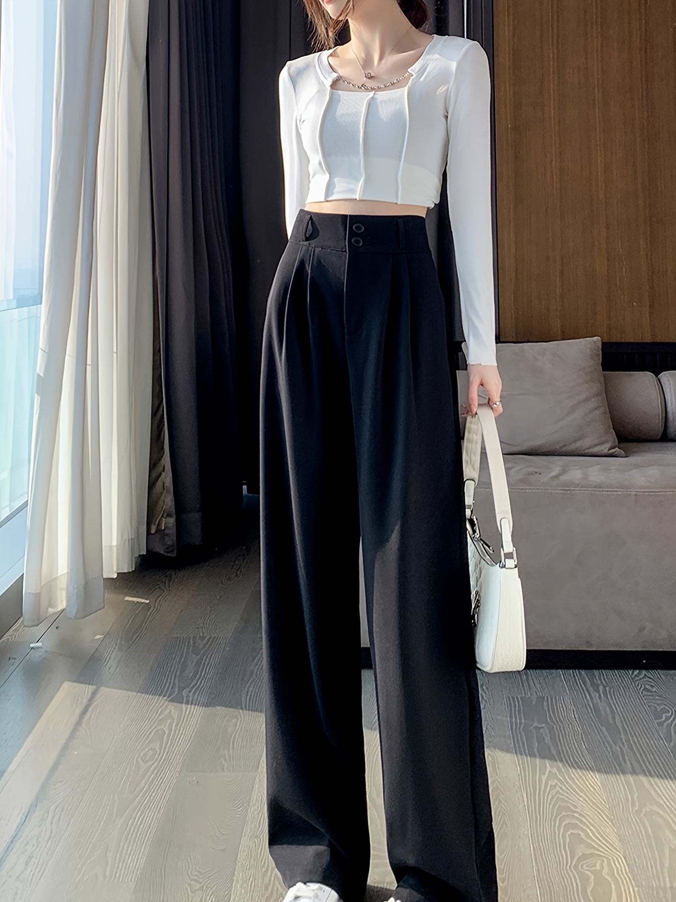 1pc elegant high waisted black wide leg pants women casual - Temu Qatar