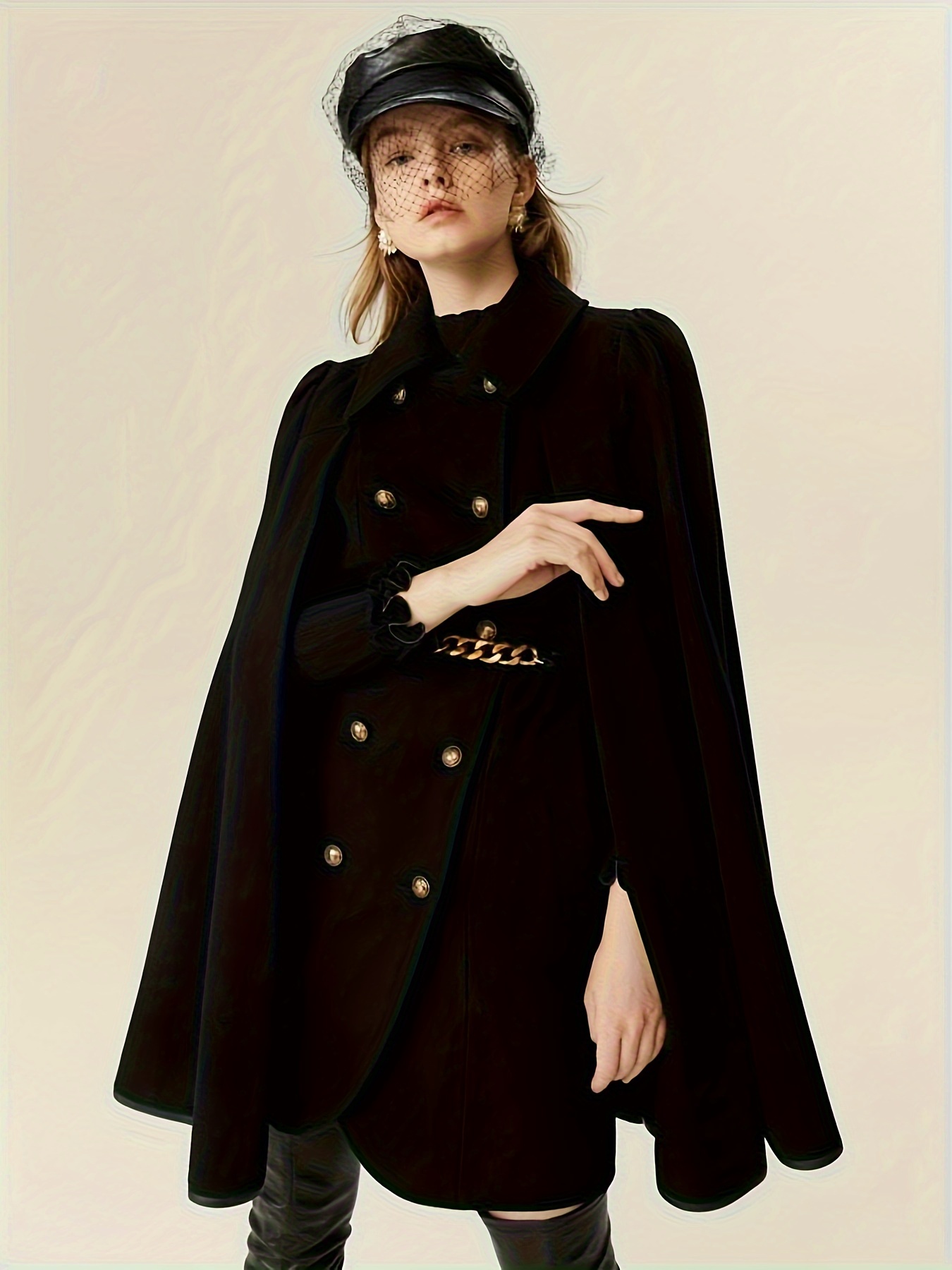 womens elegant tweed cape style coat belted waist black Temu