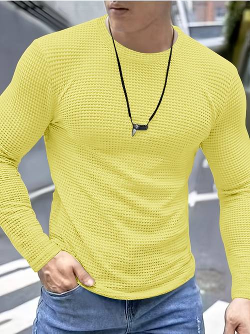 imagen del artículo camiseta de punto gofrado transpirable para hombre de larga, /otoño, para exteriores y deportes, cuello casual, color liso, corte regular, material microelástico, elástico, corte entallado, cuello ,