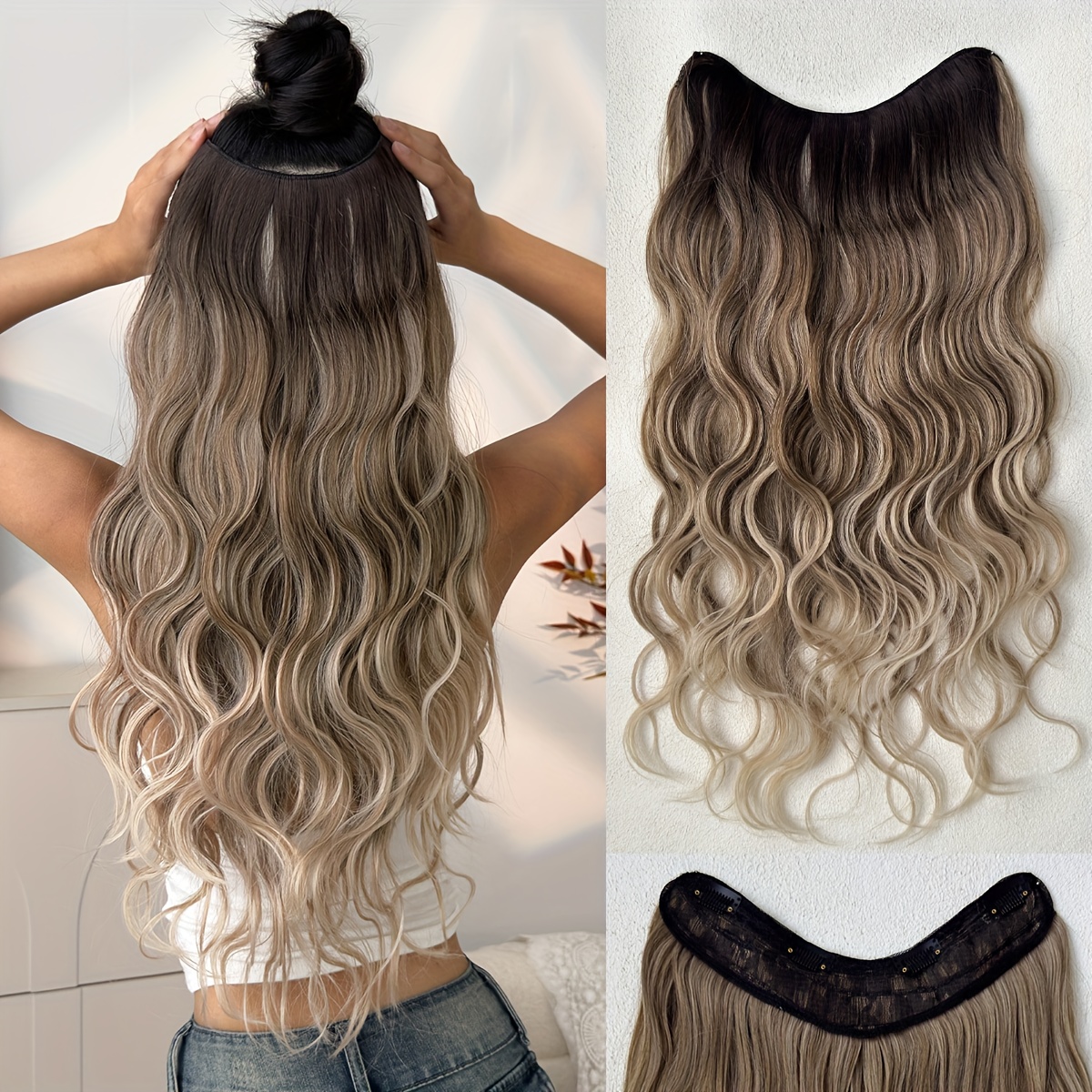 Image of Clip In Hair Extensions V-shaped Ombre Black Color 24 Inch Long Water Wave Heat Resistant Fiber Synthetic Hairpiece For Women Girls Use