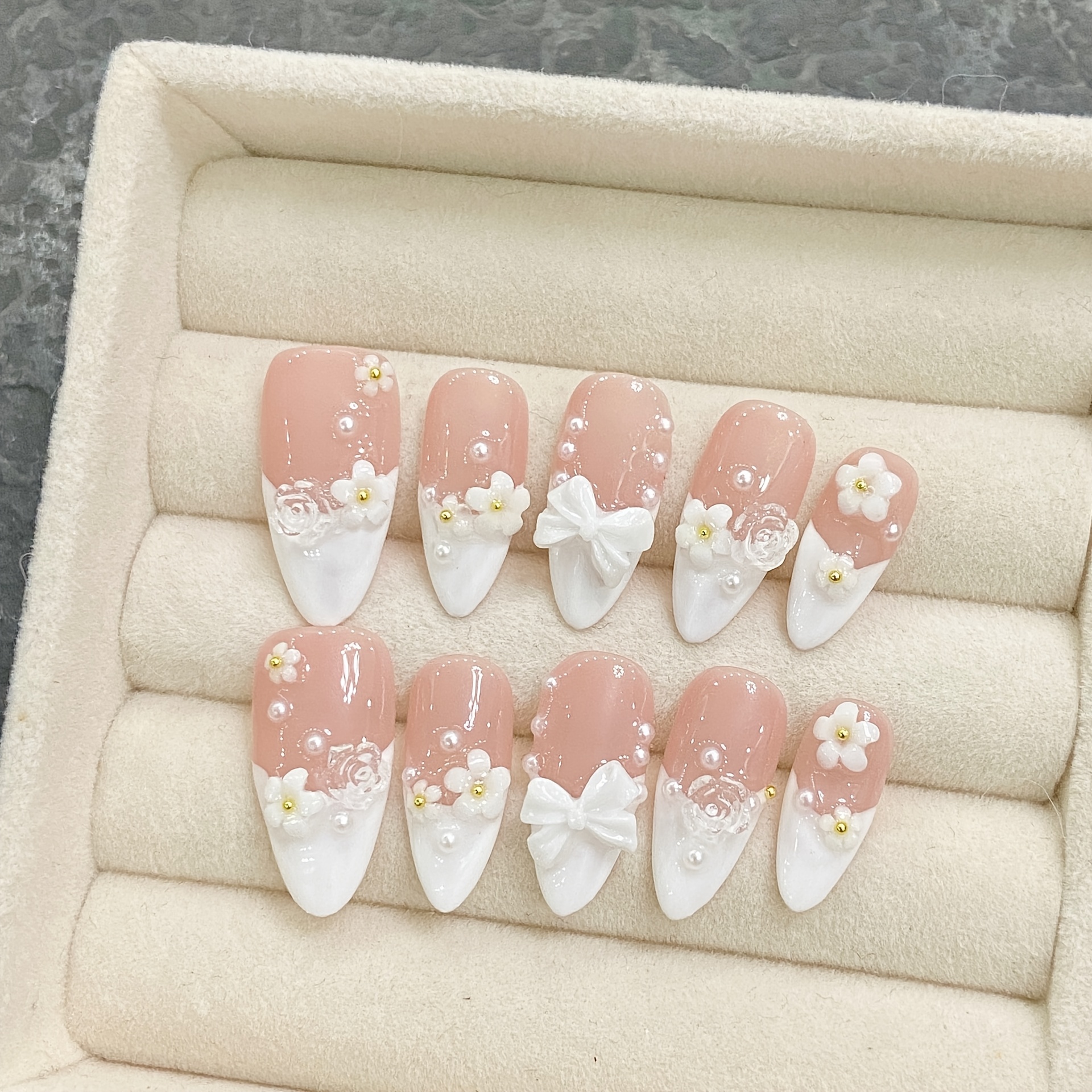 TEMU Upgrade Your Look: 24pcs Almond-shaped Fake Nails Set. Transparent Nude White Small Flower . Elegant Pearl Stickers. Handmade . Detachable Fake