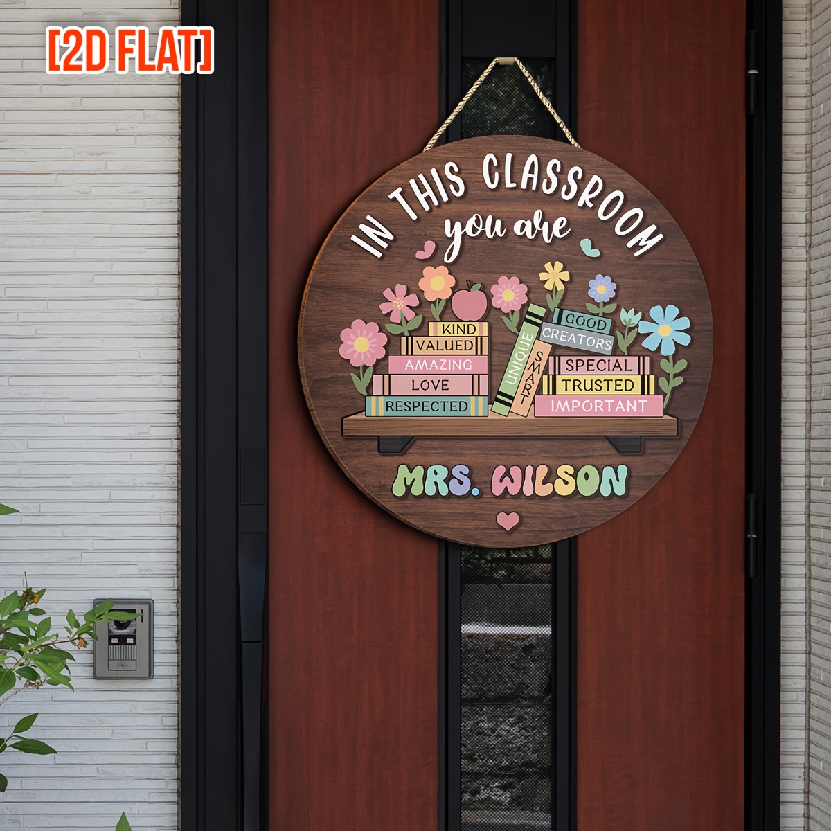 Custom Teacher Door Hanger - Personalized Wooden Classroom Sign with Inspirational Quotes, Floral & Book Design, Back to School Gift, Holiday Decor for Halloween Christmas Easter Thanksgiving, Easy Wall-Mounted Home & School Decor, 2D Flat