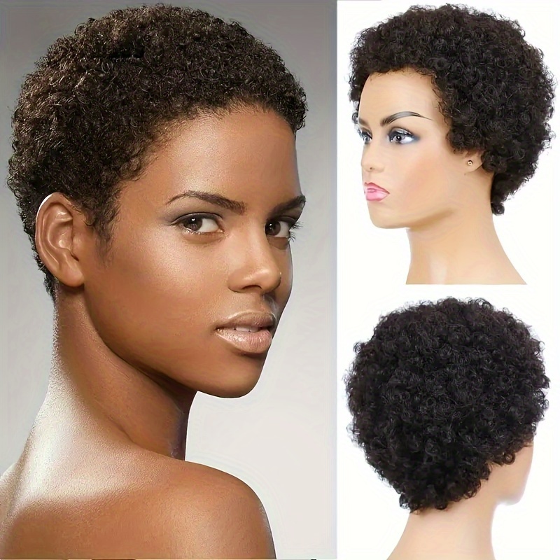 TEMU Glueless Cut Human Hair Wig For Women Short Afro Machine Made Wigs Suitable For Beginners Curly Hair 150% Density No Lace Wigs Suitable For Cos And Christmas Party Use & Daily Wear