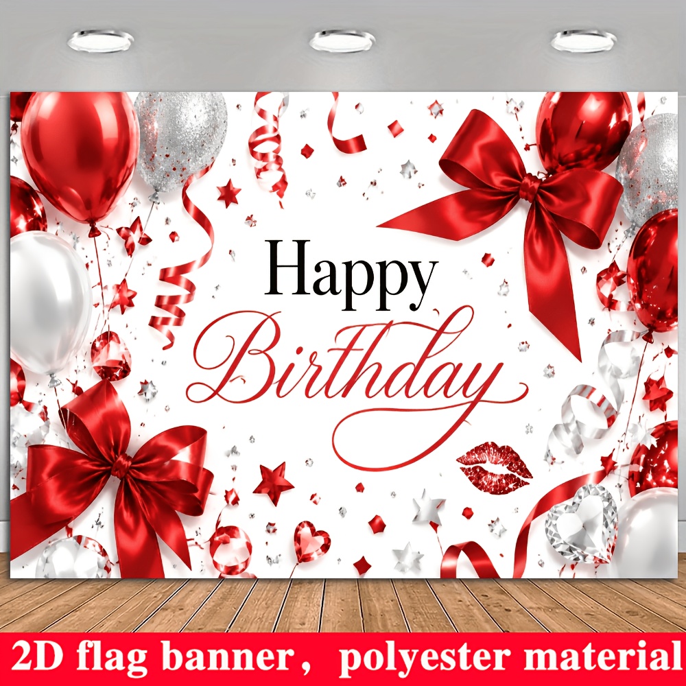 TEMU 2d Flat Banner, 2d Flat - 1pc 2d Banner Happy Birthday Theme Backdrop, Red And Silver Color Balloons With Red Bow And Tinsel Star Sequins, Heart