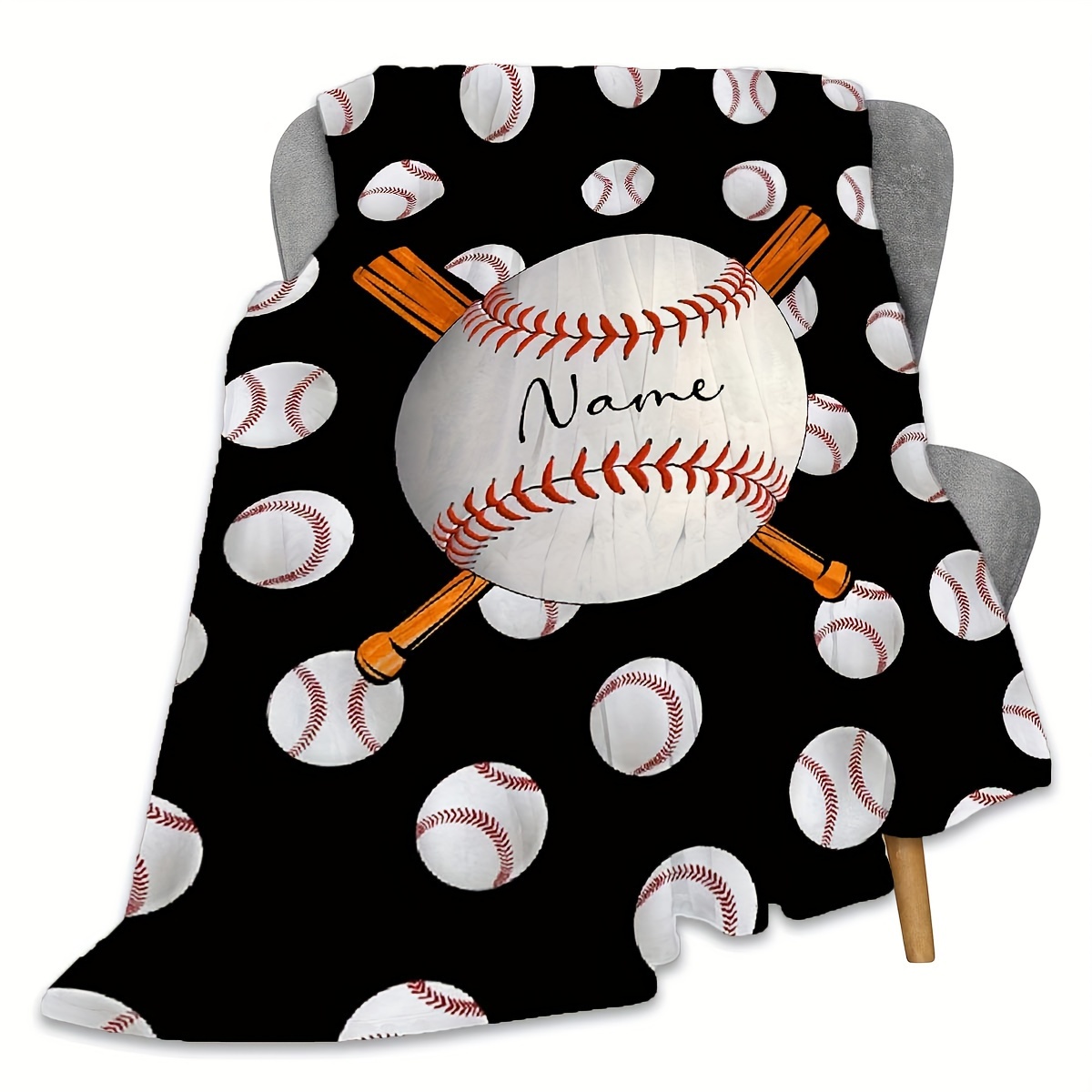 TEMU 1pc Creative White Baseball Custom Name Blanket, Suitable For Sofa, Bedspread, Travel, Camping, Living Room, Office - Machine Washable, , All