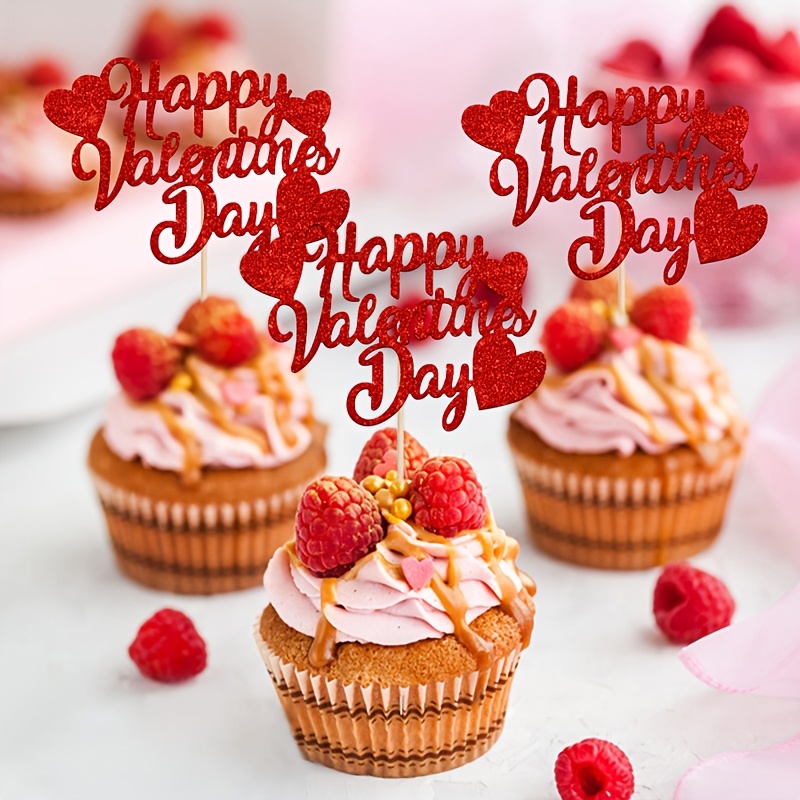 

24pcs Of Valentine's Day Cupcake Decorations, Red Glittery Happy Valentine's Day Cupcake Toppers For Decorating Weddings, Engagements, And Parties, As Well As Valentine's Day Party Decor.