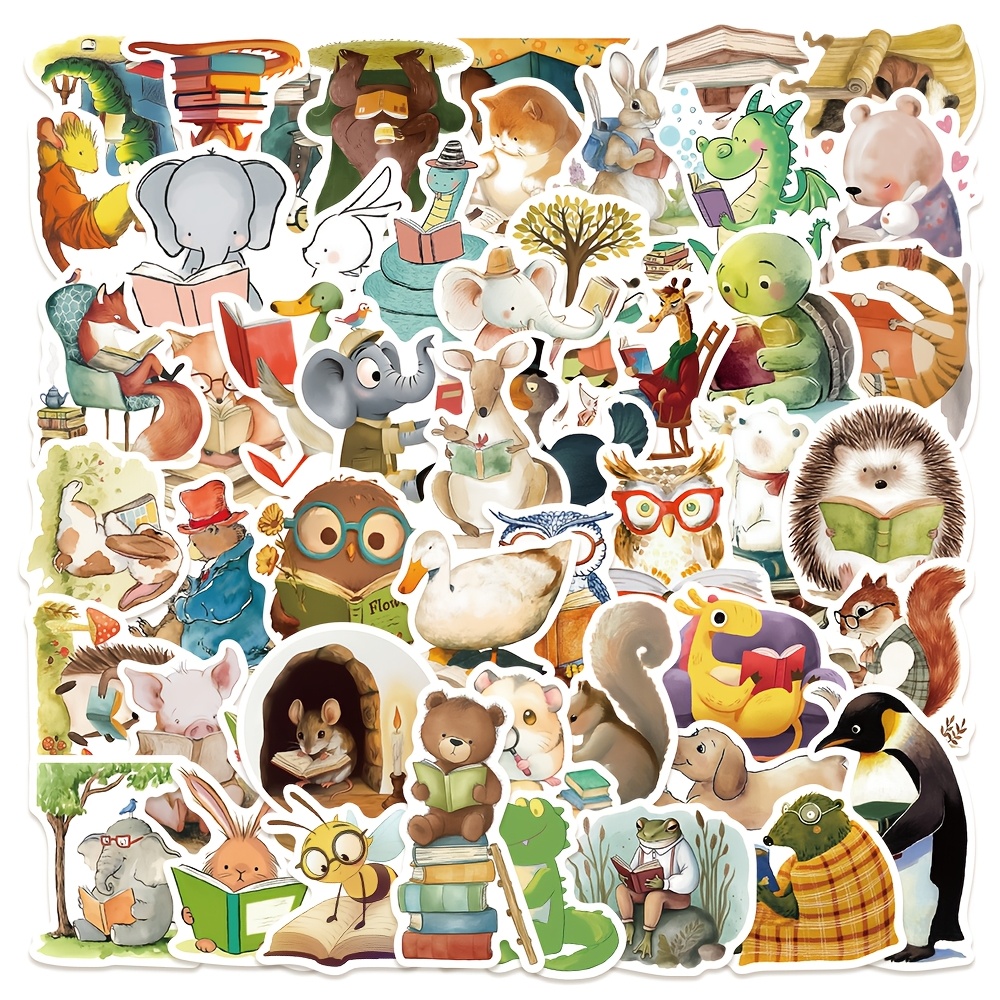 Image of 50 Animal Reading Stickers Creative Cartoon Funny Decorations For , Phone Cases, Notebooks, Tablets, Skateboards, Guitars, Party Suitcases, Packaging Boxes, Helmets, And Envelopes