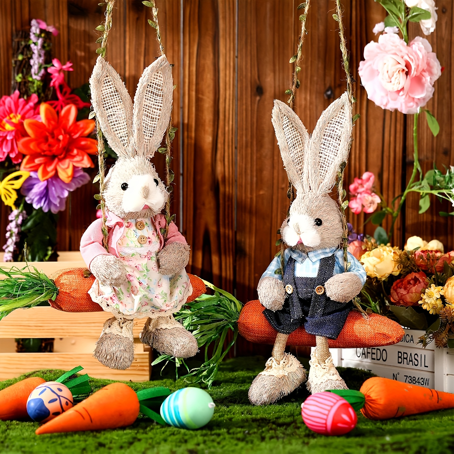 

1pc Easter Bunny Decoration - 13.8" Spring Hanging Rabbit Statue On Swing, Farmhouse Decor Woven Straw Figurine For Indoor/outdoor Display, Easter And Valentine's Day, Rabbit Accessories