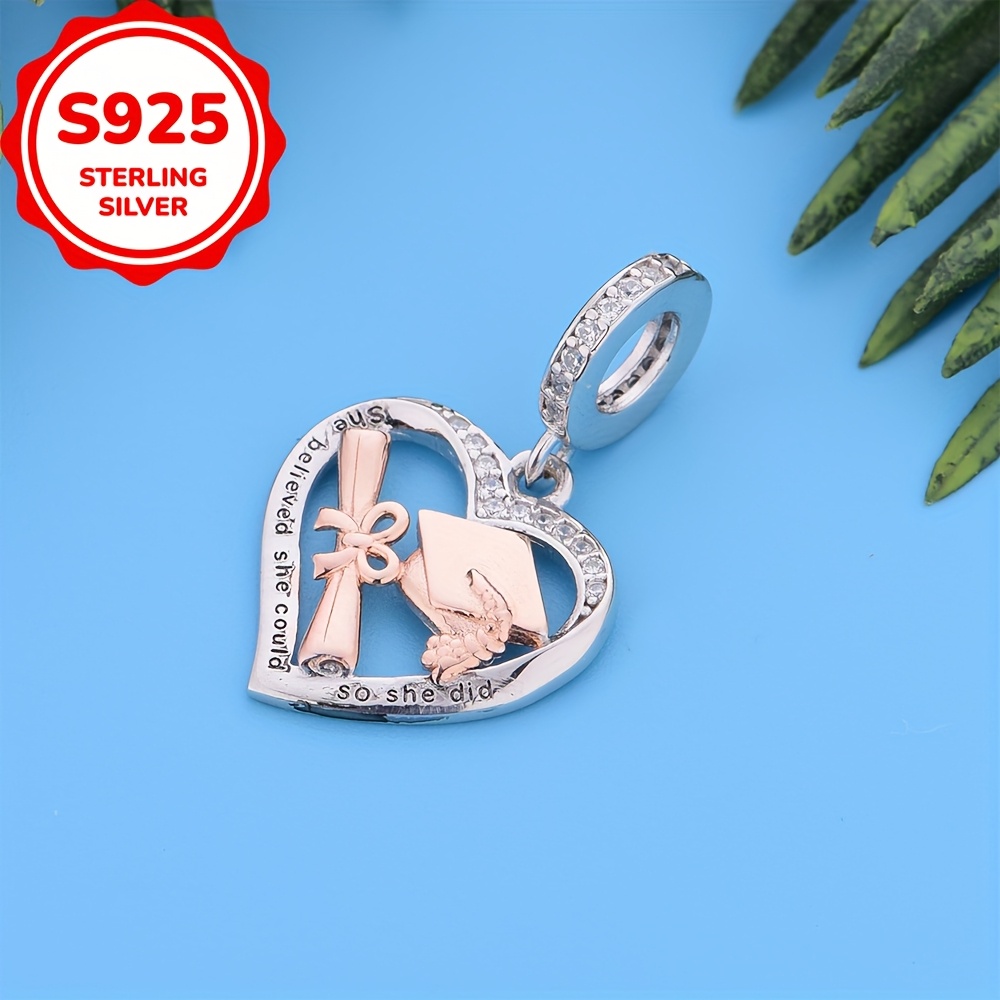1pc 925 Sterling Silvery Bachelor's Cap Graduation Certificate Heart Shaped Design Bracelet Or Necklace Charms Beads Making Birthday Or Graduation Gift