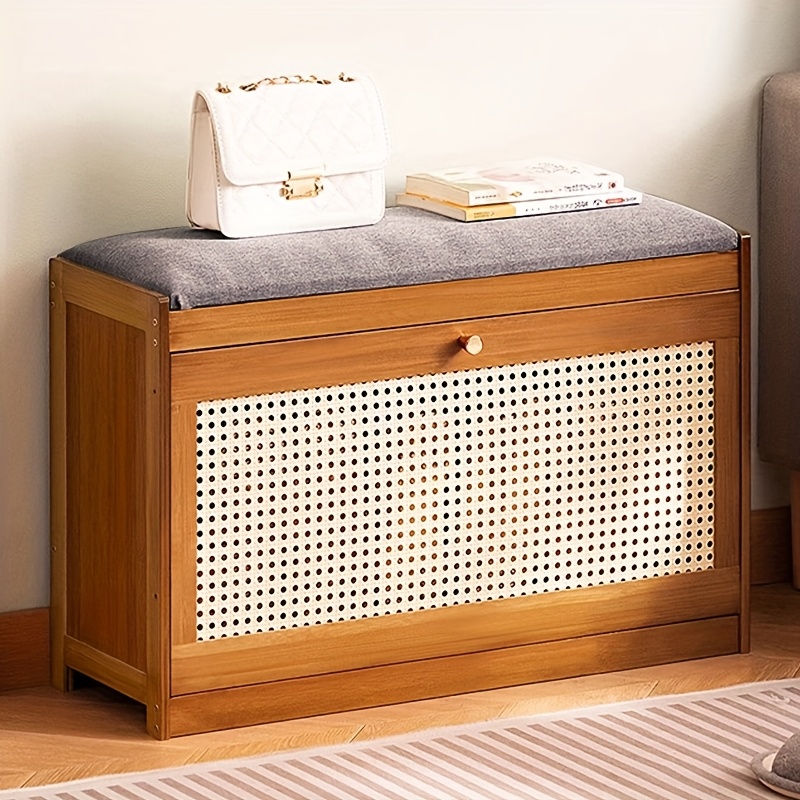 bamboo storage ottoman ventilated shoe compartment space Temu Spain