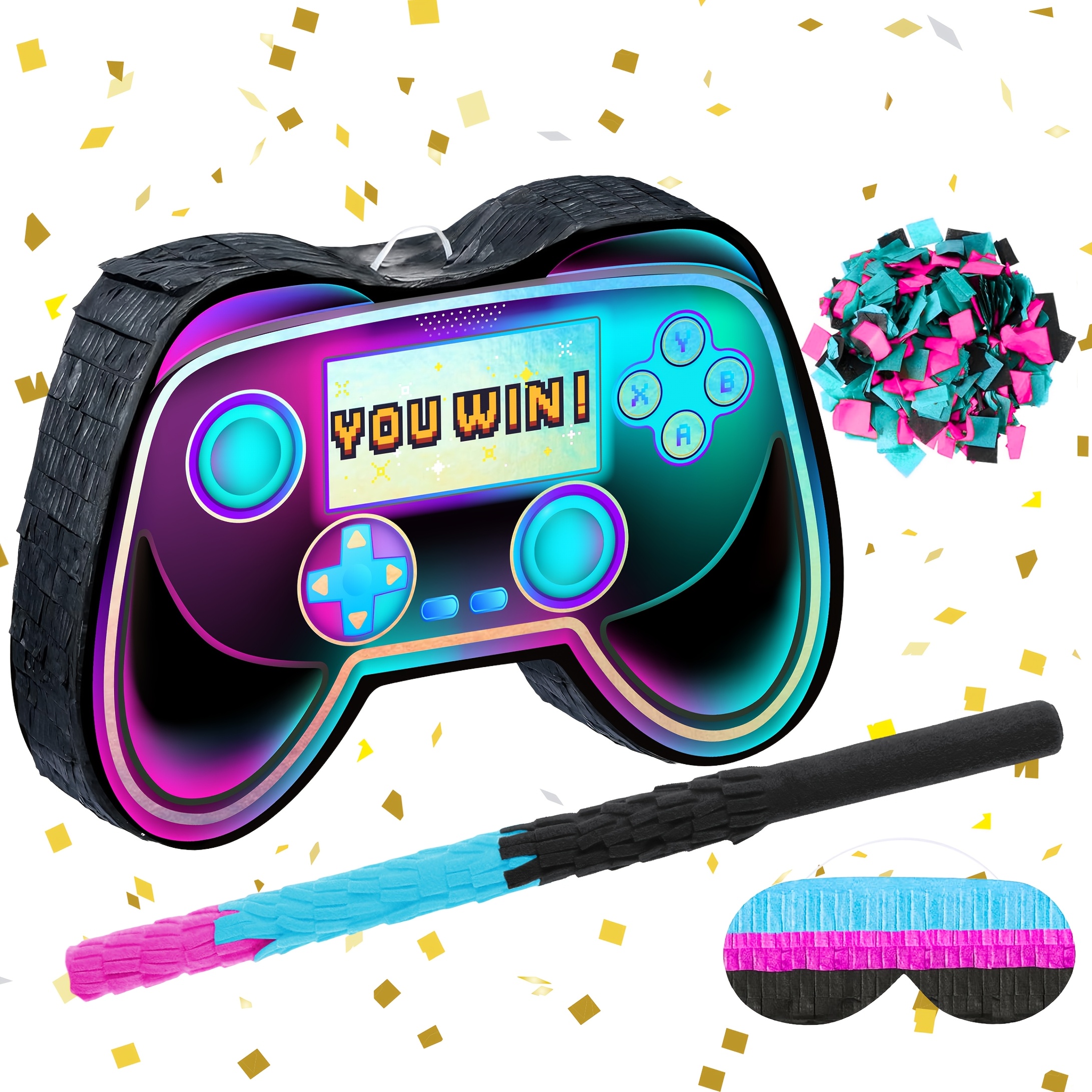 1 Gaming Console Piñata, Game Controller Piñata With Whacking Stick + Blindfold + 50g Confetti In Random Colors, Suitable For Gaming Console Party And Birthday Party Carnival Game Decorations