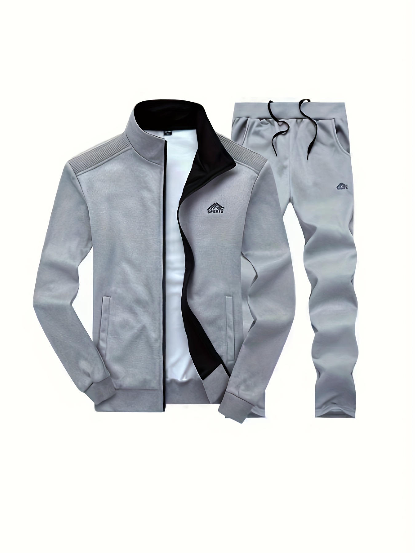 school casual breathable trend mens zipper lapel sports suit full   color matching fabrics solid color classic embroidery breathable cool long sleeved micro elastic jacket and elastic pants comfortable fabrics
