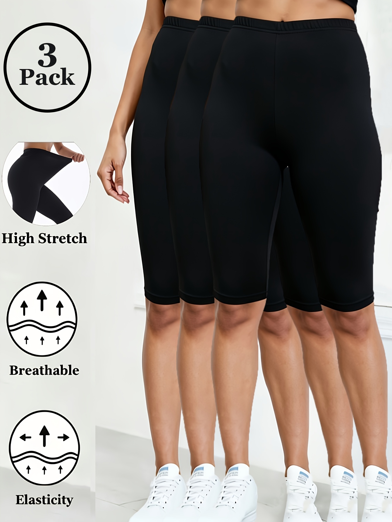 lot de 3 leggings dété pour femmes, couleur  ,   points, design élégant et stylé, haute élasticité, super  , respirants, tissu  , parfaits pour le jogging en extérieur, le port   décontracté, ne   pas  , confortables, pantalon de collant court