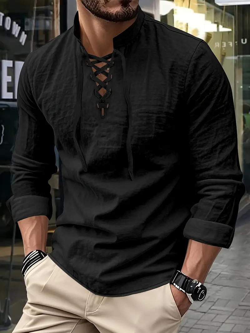 mens elegant linen v neck long sleeve t shirt with cross strap detail breathable regular fit for casual outdoor evening wear spring summer fall versatile top casual wear tee tshirt linen fabric t shirts Product details 53