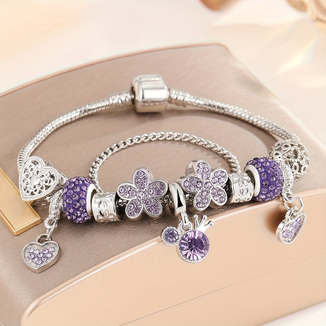 TEMU 1pc With Fashionable , -petal Flower Hollow Heart Safety Chain Beaded Pendant For Diy Snake Chain Bracelet Making