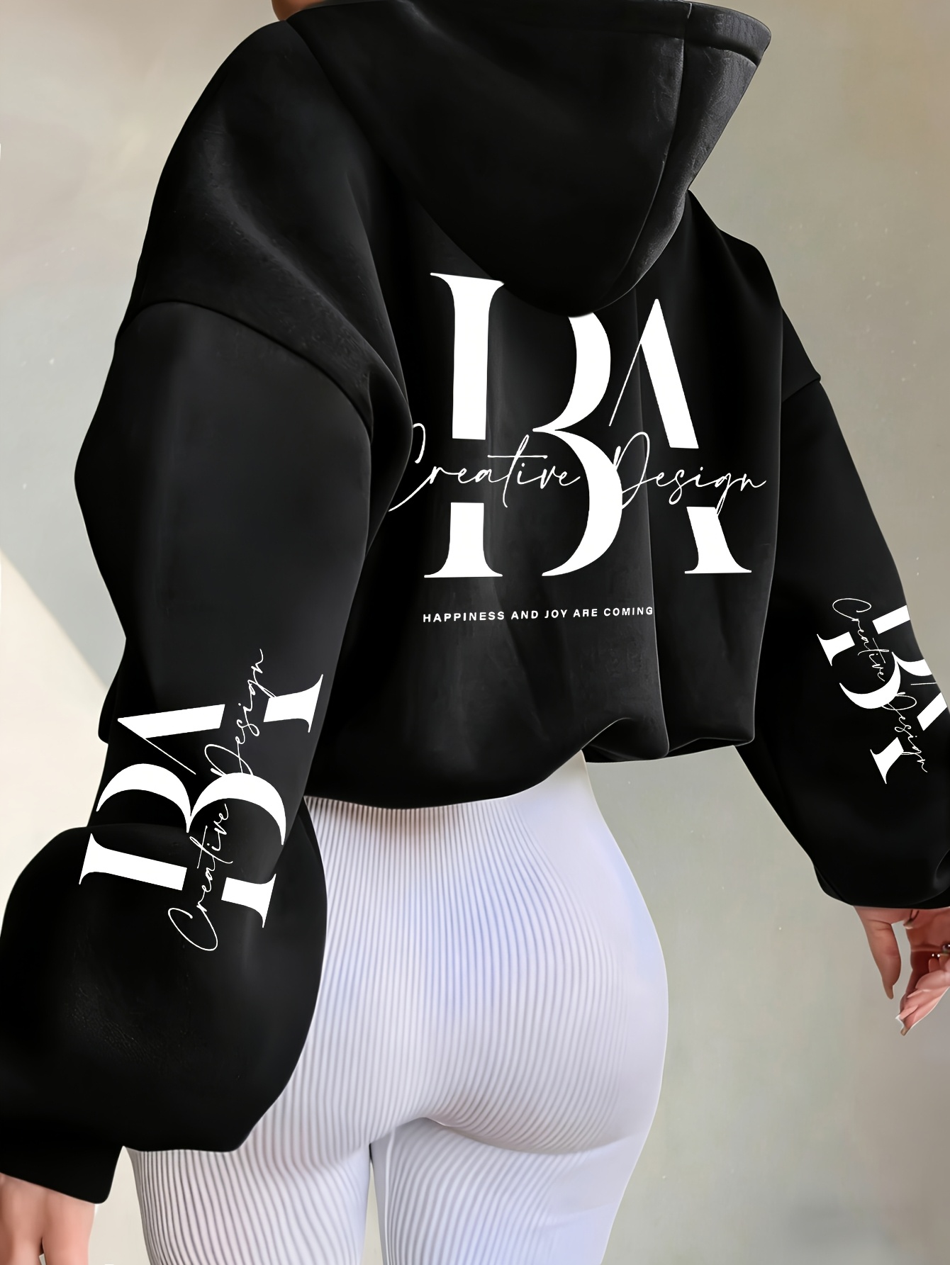 Short Hooded Sweatshirt with Creative Handwritten Print