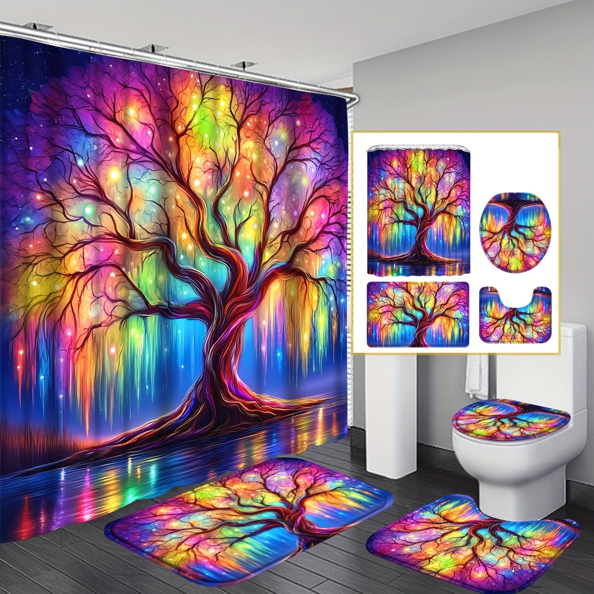 TEMU 4pcs Colored Tree Shower Curtain Set, Fashion Bathroom Curtain Set With 12 Hooks Non-slip Bathroom Rug, Toilet Mat, Toilet Lid Cover, Modern