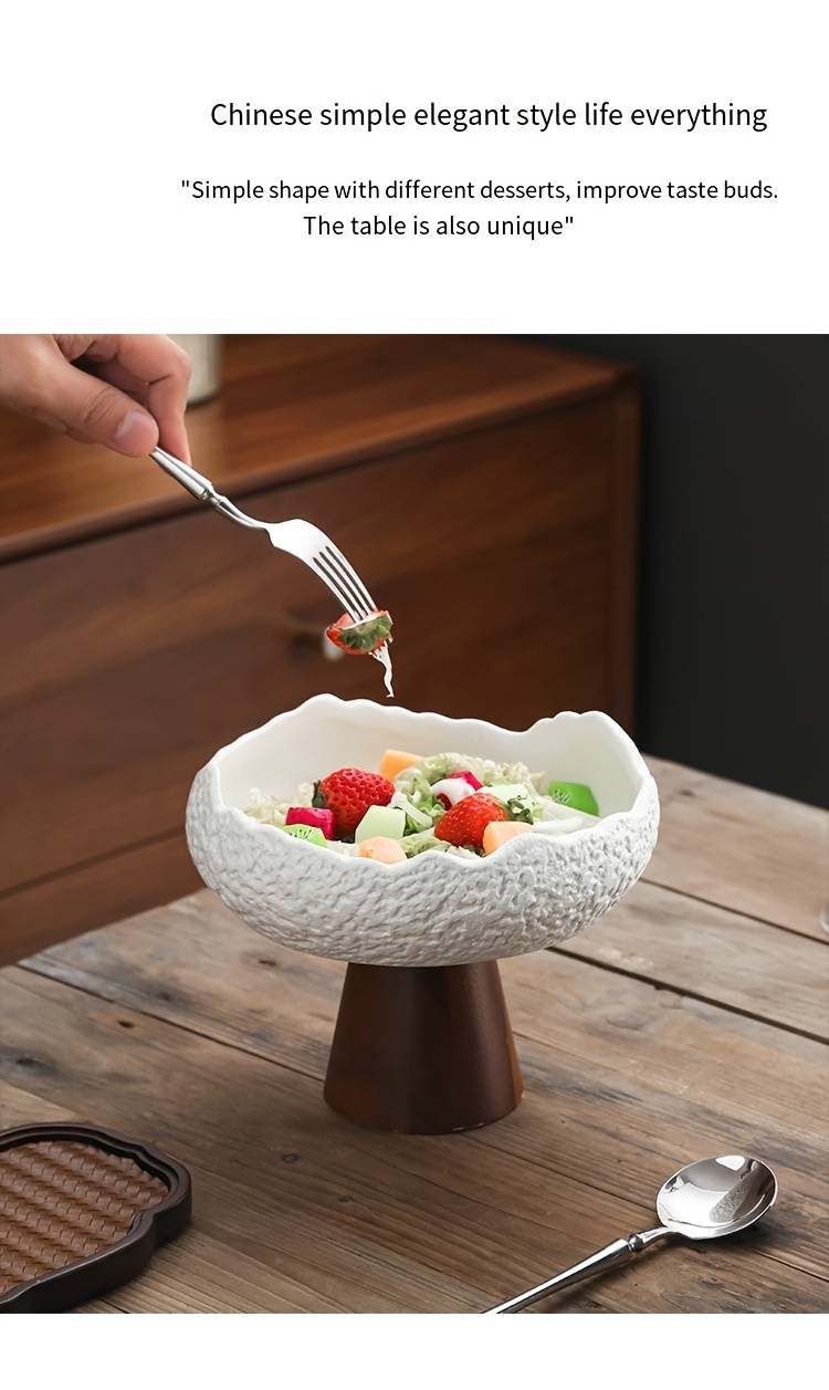 1pc Wooden Foot Ceramic High Fruit Plate, Multi-Functional Ceramic Bowl, Chinese Creative Tea Heart Plate, Nut Cake Fruit Dessert Plate, Suitable for Tea Rooms, Restaurants, Hotels And Families