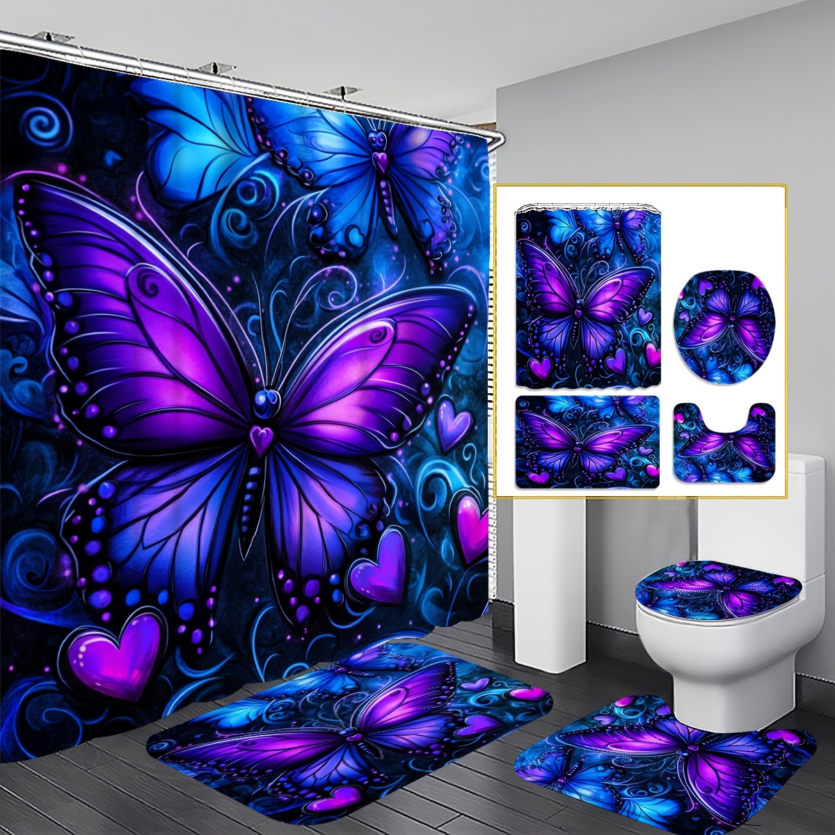 TEMU Ensemble de rideau de douche 4 pièces Papillons Enchanteurs 2D Plat, Décoration de salle de bain Papillons et Violets, Accessoires avec tapis de