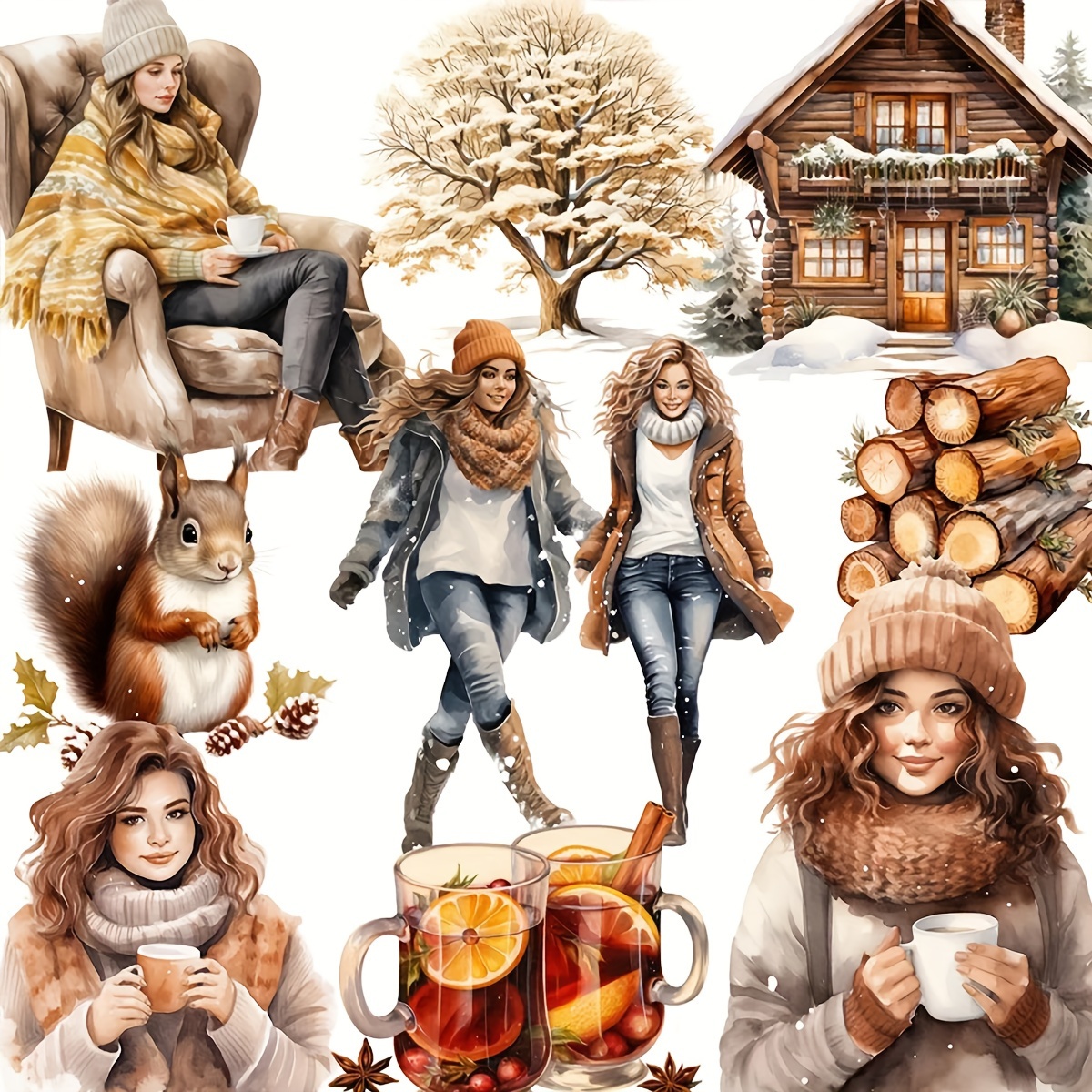 

Vintage Winter Handmade Stickers: Cute Girls, Christmas Trees, And Designs For Your Or Diary