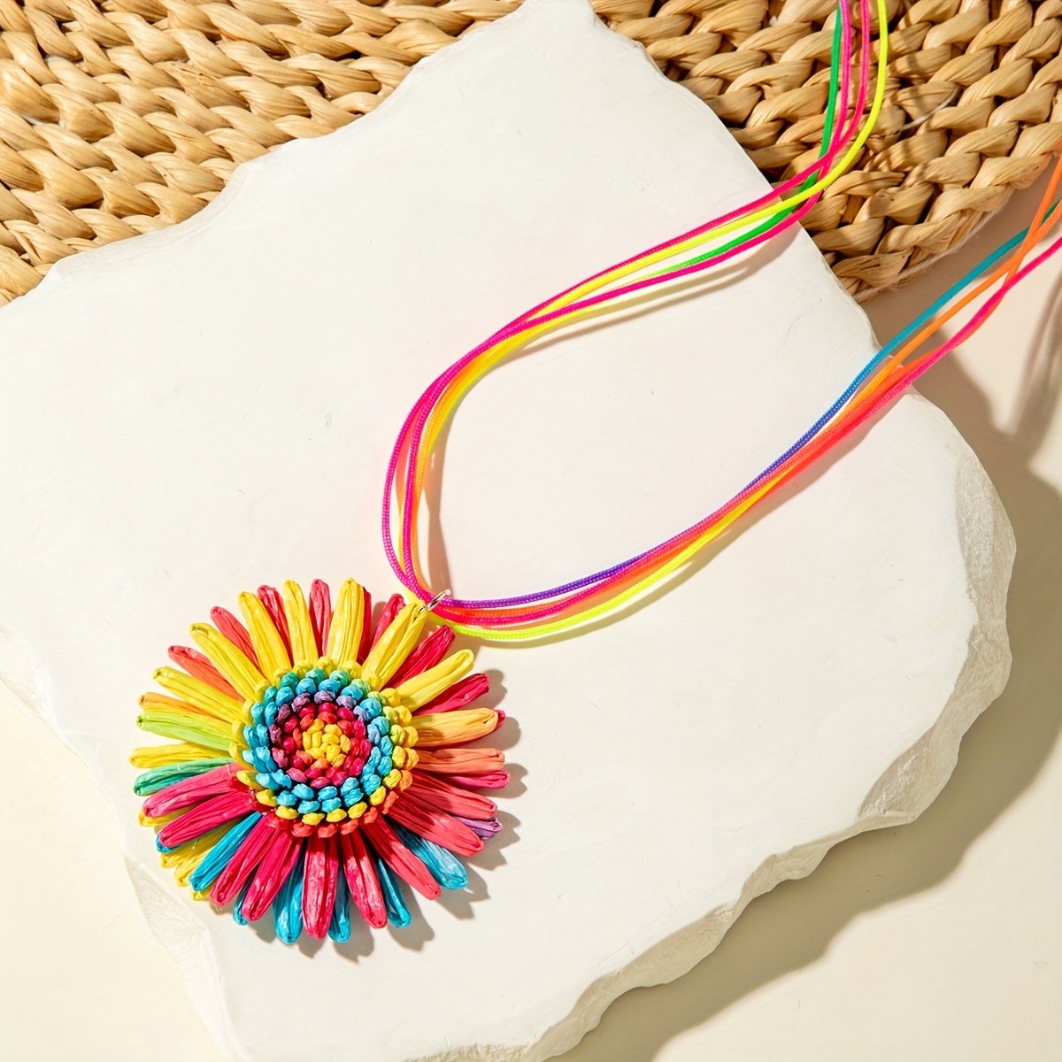 Women's Colorful Dopamine Raffia Grass Flower Pendant Necklace