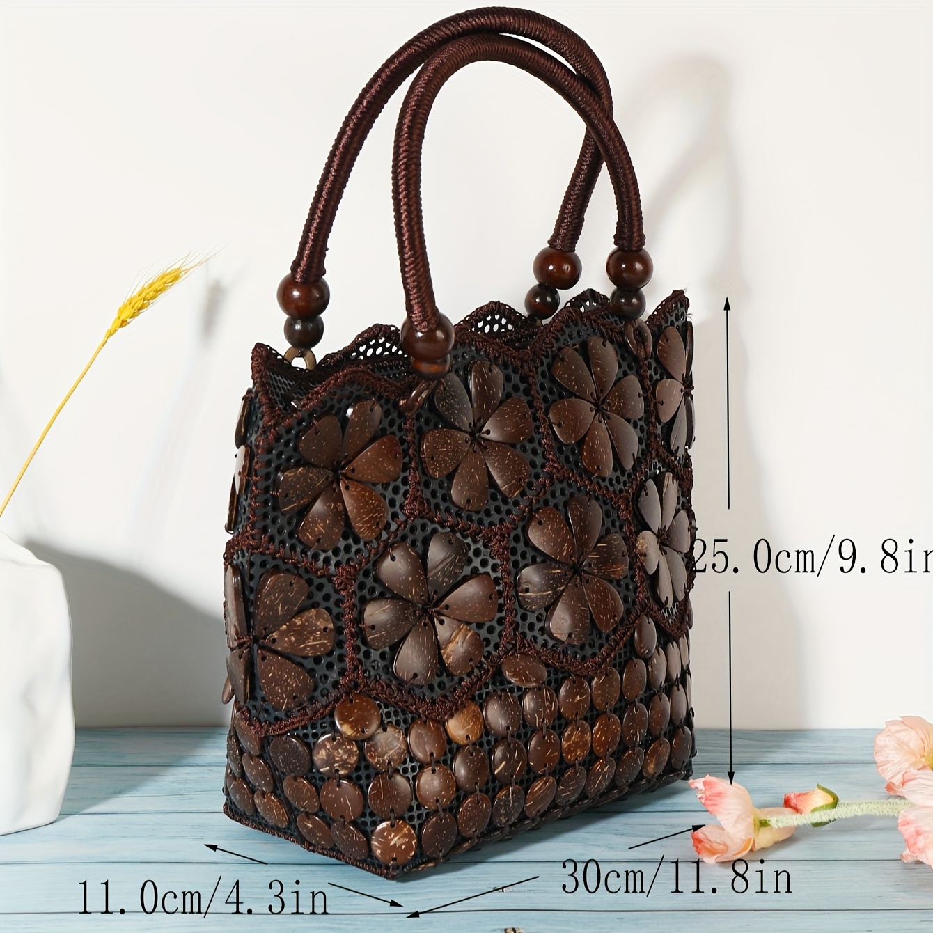 Handmade Bohemian Retro Geometric Plastic Handbag for Women - High-Quality Coconut Shell Design with Zipper Closure, Deep Brown Lining & Braided Handles, Versatile for Casual & Formal Occasions, Cute Purse
