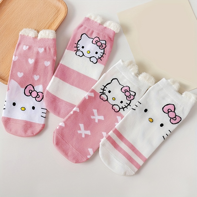 

4 Pairs Hello Kitty Socks, Sweet College Style Ankle Socks, Women's Stockings & Hosiery