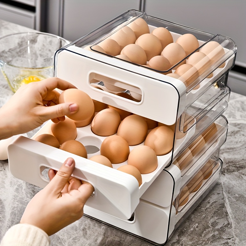 TEMU Large 32-grid Transparent Double-layer Egg Storage Box With Drawer-durable Pet+pp Material, Perfect For Refrigerator Organization, Eggs Fresh &
