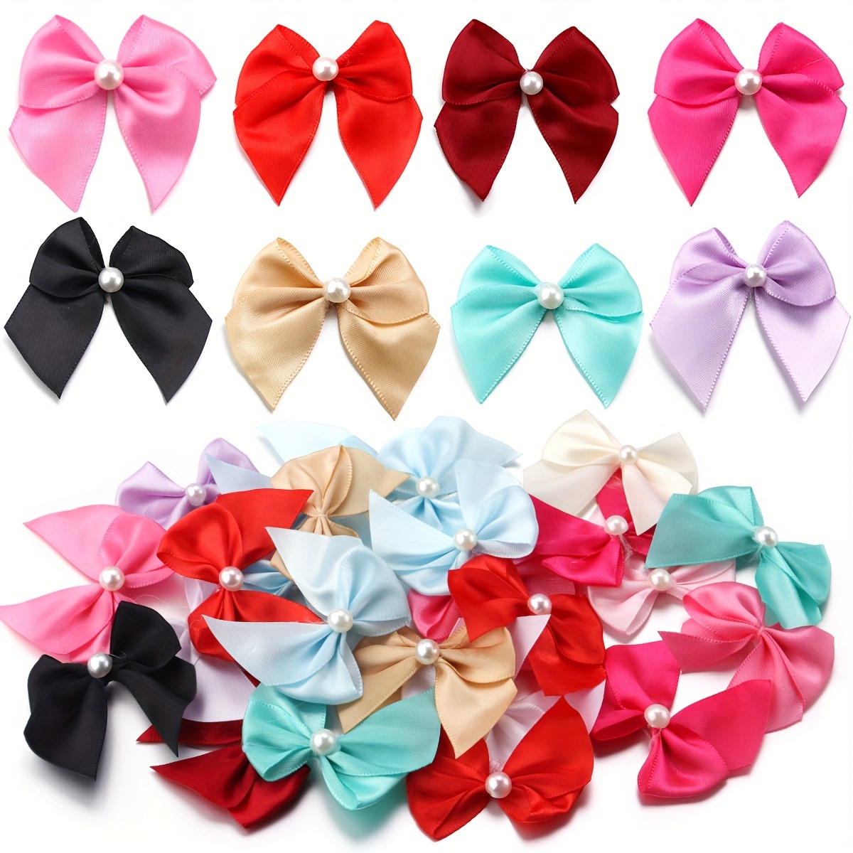 

20pcs Polyester Bowknots With White Glossy Beads, Diy Hair Clip Craft Supplies, Assorted Colors, Handmade Pre-tied Bows For Gift Box Decors, Headwear Accessories