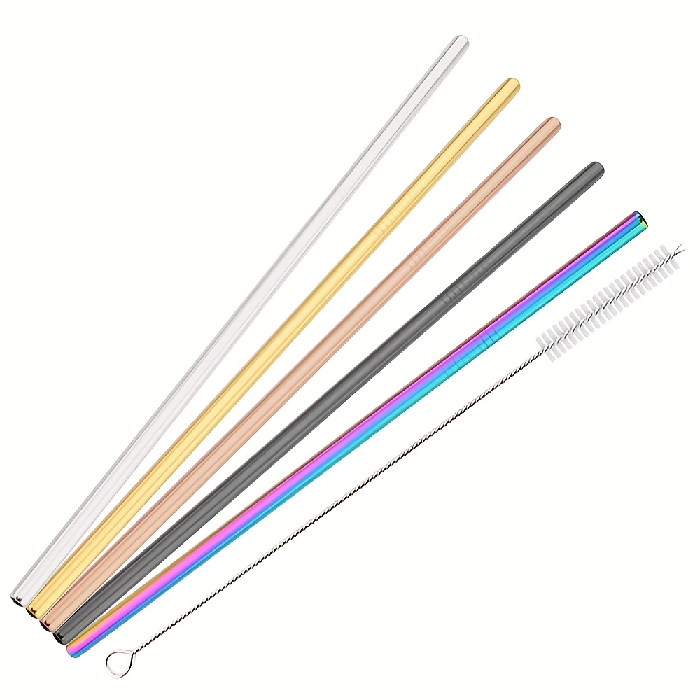 Image of 6pcs Colorful Stainless Steel Straw Set, Including 5 Straight Stainless Steel Straws With 1 Cleaning Brush For Juice, Smoothies, Milk Tea, Coffee, And Cocktails. Bar Accessories