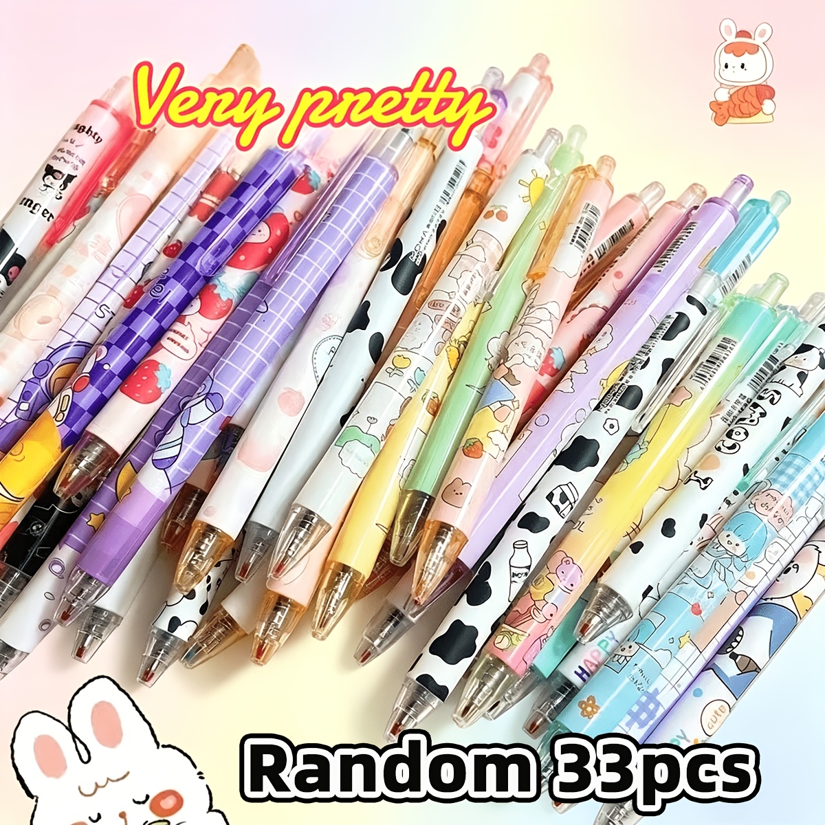 TEMU Lot de 33 stylos gel aléatoires à de dessin , styles : thèmes lapin//dinosaure, stylos gel à noirs à pointe fine 0,5 mm. Convient pour