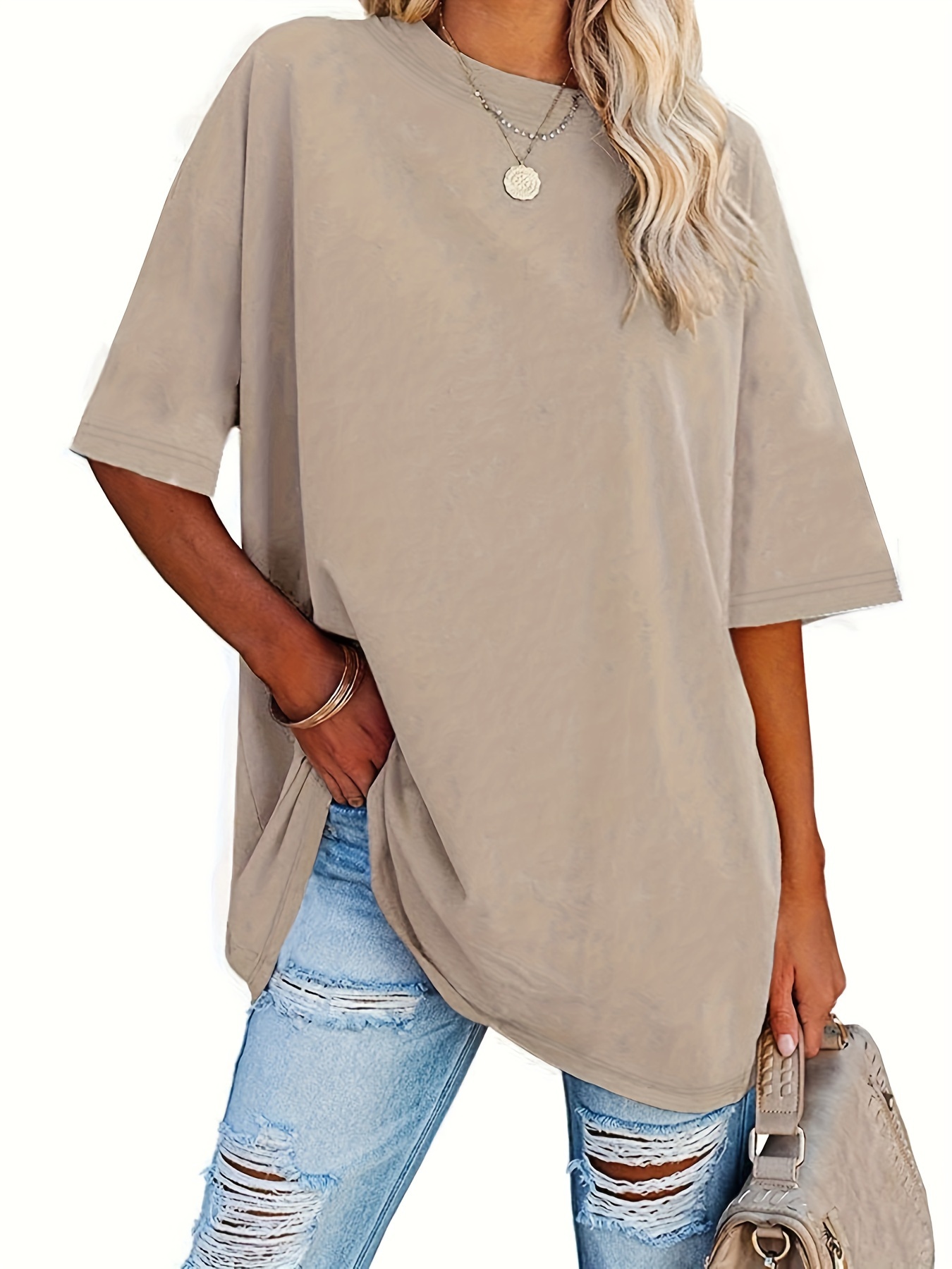 Plus Size Solid Simple T-Shirt, Casual Crew Neck Short Sleeve T-Shirt, Women's Plus Size?Clothing