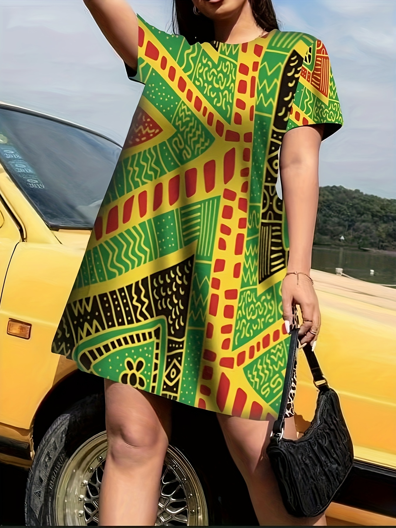 knee length dresses for ladies Tribal Print Round Neck Short Sleeve Vintage Women Midi Dress – Come4Buy  eShop main image 0