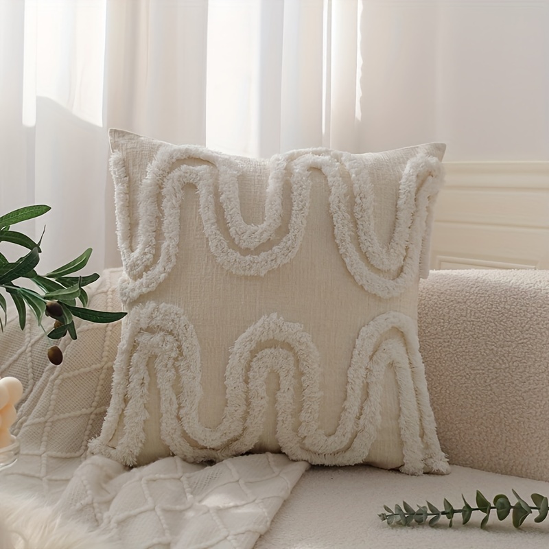 

1pc, Chenille Sea Wave Pattern Tufted Throw Pillow Case, Boho Home Decor For Living Room Sofa