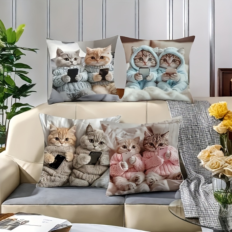 TEMU 4 pezzi Copricuscini con Gatto che Gioca con il Telefono, Cuscini per Stile Curativo e Delizioso, Federe in Poliestere Stampate su , Decorazioni