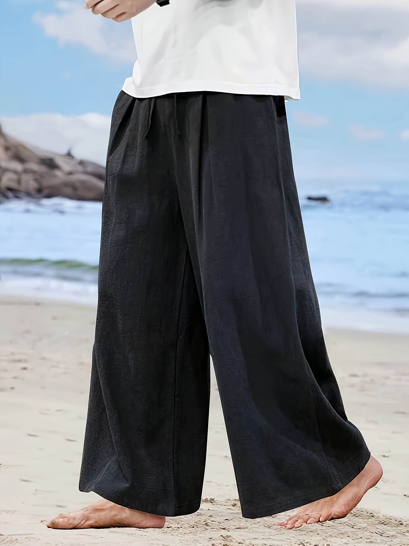 メンズウェア RUFFLOG WIDE STRETCH BELTED PANTS BLACK black wide leg pants men sold on Temu United States